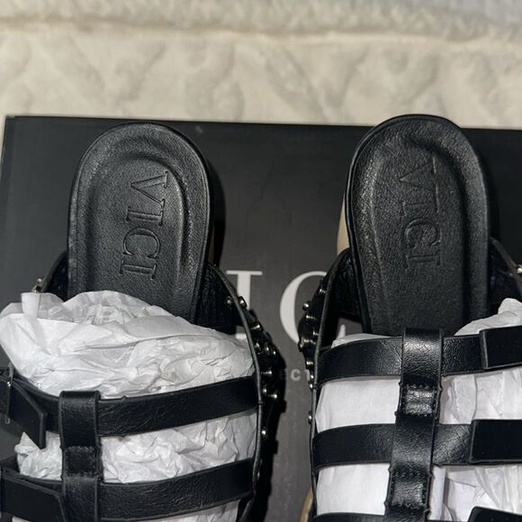 VICI 10 Celeste Black Metallic Studded Block Heel Strappy Multi Buckle Sandal - Picture 9 of 13